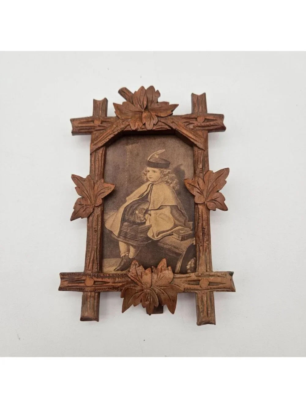 Antique Black Forest Adirondack Style Carved Wood Leaf Cross Corner Frame